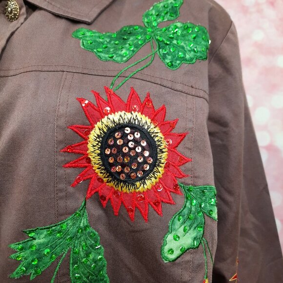 Vintage 90s Floral Applique Patches Utility Jacket Size XXL 2XL Brown Cotton - Picture 4 of 12